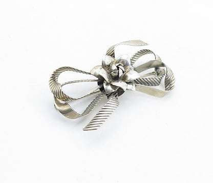 RAFFAELE 925 Silver  Vintage Sculpted Flower Ribbon Bow Brooch Pin  BP2112