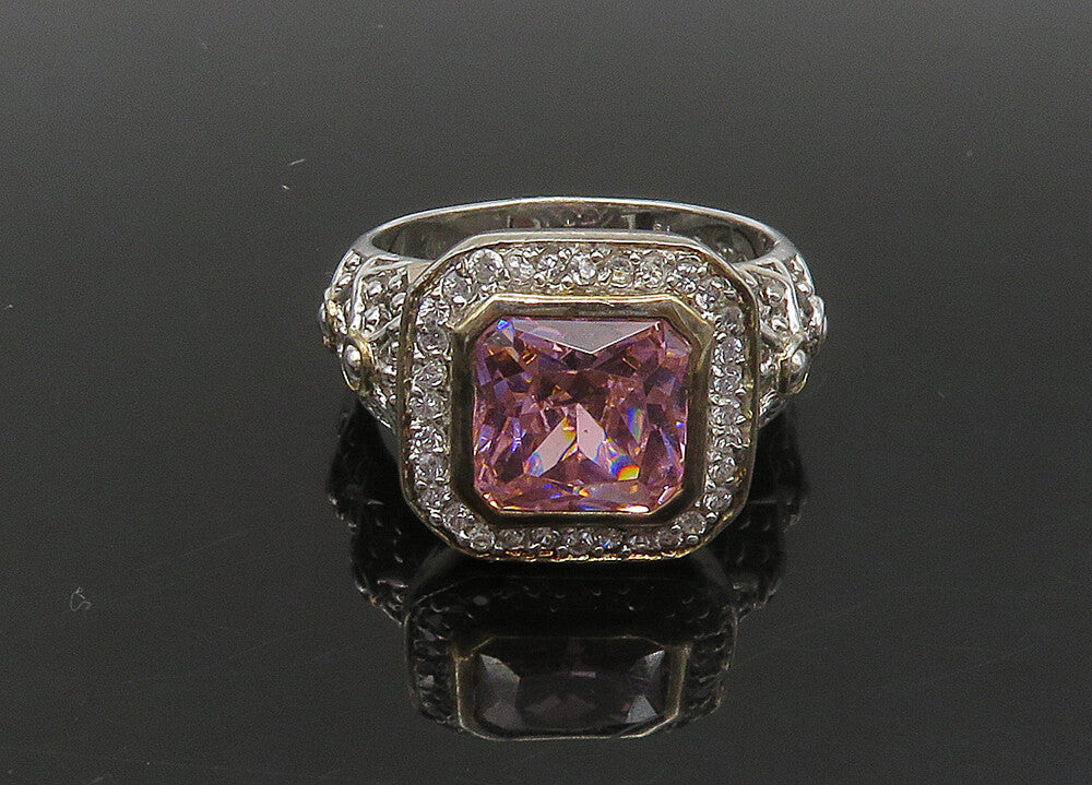 925 Silver  Vintage Pink Cubic Zirconia 2 Tone Cocktail Ring Sz 10  RG23089