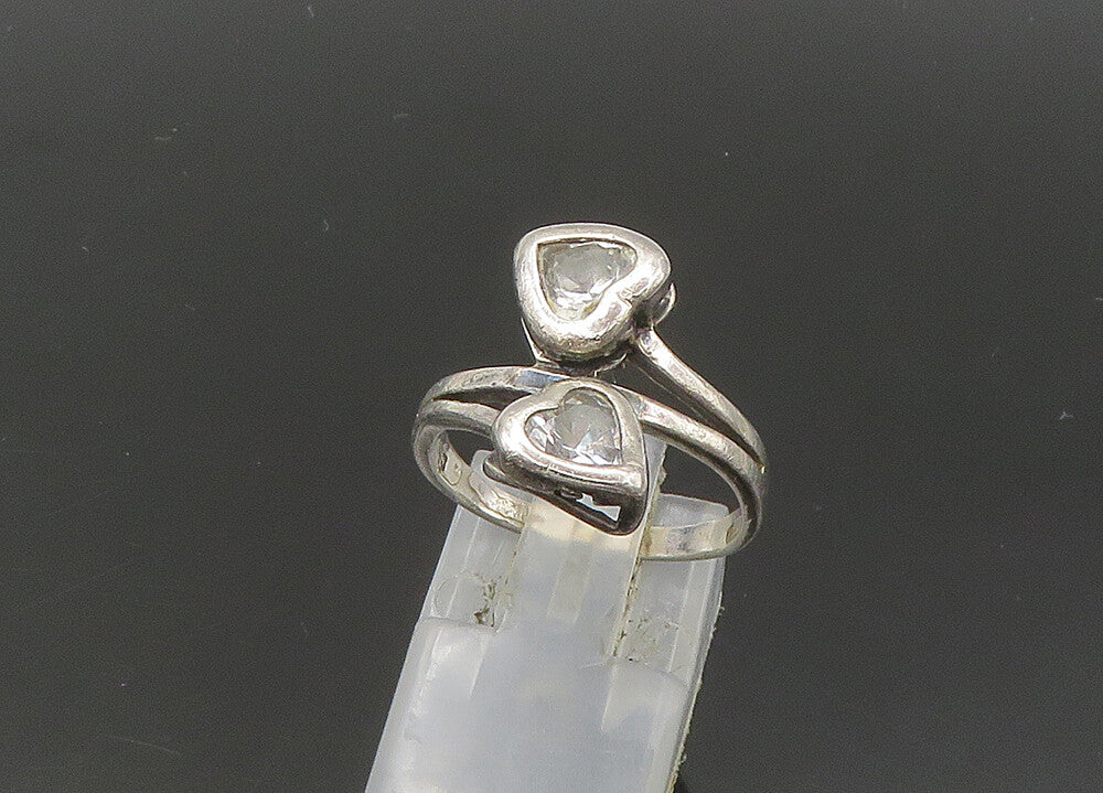 925 Sterling Silver  Vintage Topaz Love Hearts Bypass Band Ring Sz 6  RG22133