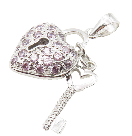 925 Sterling Silver  Pink Cubic Zirconia Love Heart Lock & Key Pendant  PT8086
