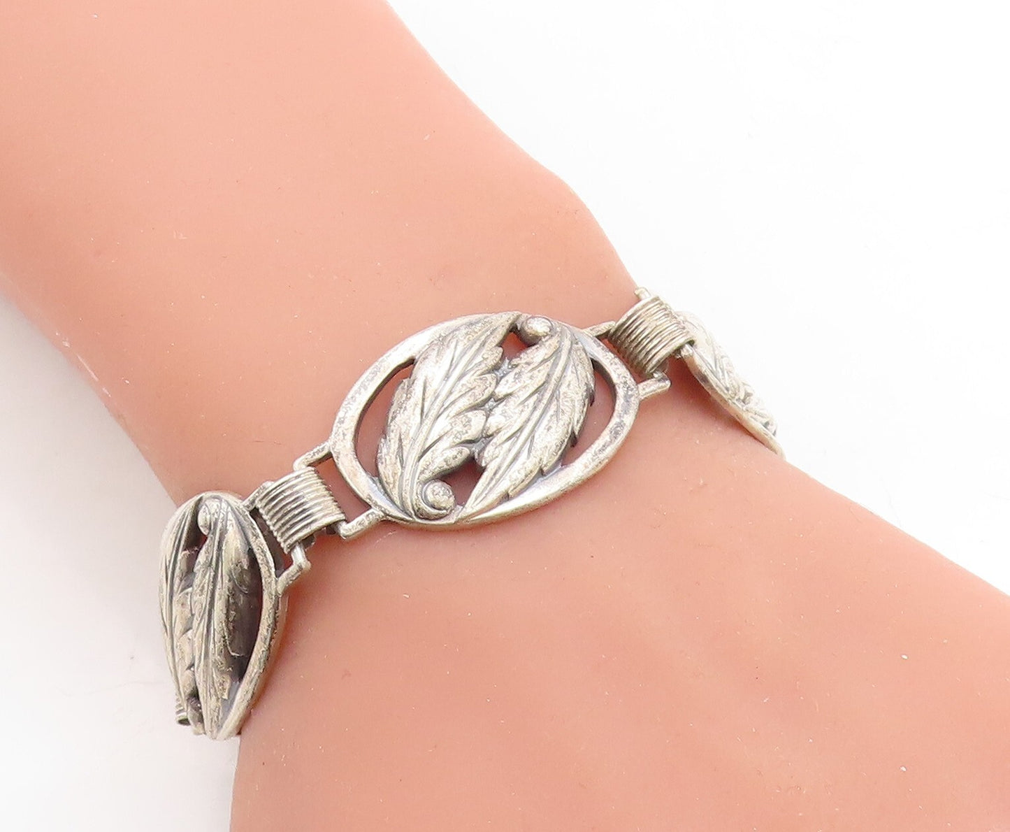 DANECRAFT 925 Silver  Vintage Dark Tone Floral Leaf Link Chain Bracelet BT2479