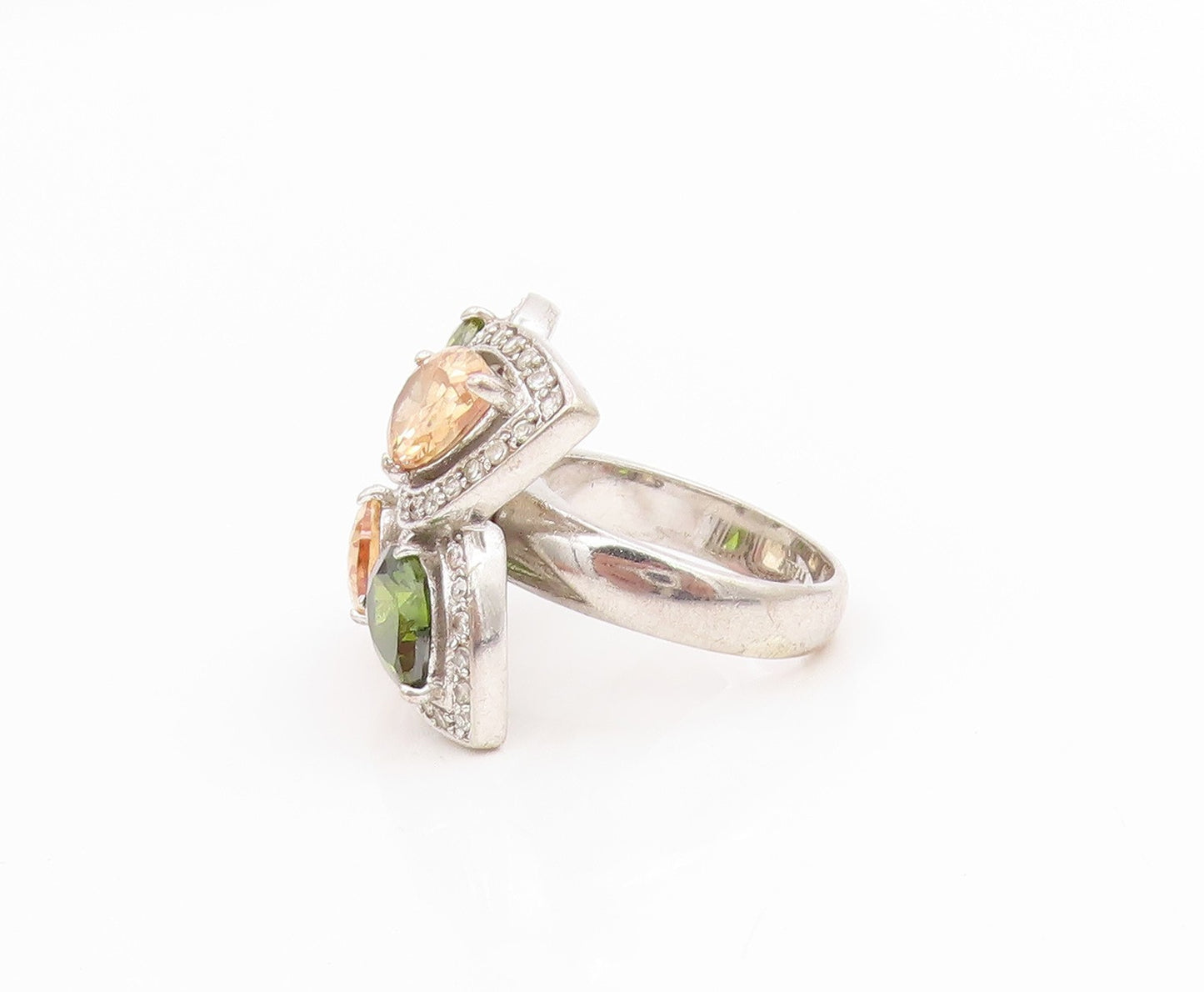 925 Sterling Silver Vintage Ring Pear Cut Gemstone Floral Band  Sz 7  RG34422