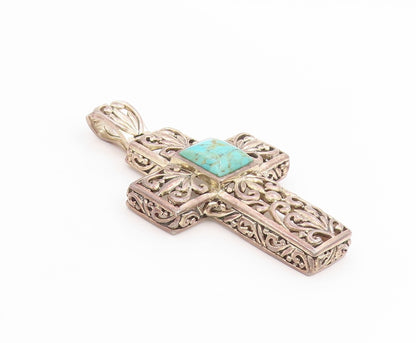 925 Sterling Silver Vintage Pendant Turquoise Large Open Floral Cross  PT25693
