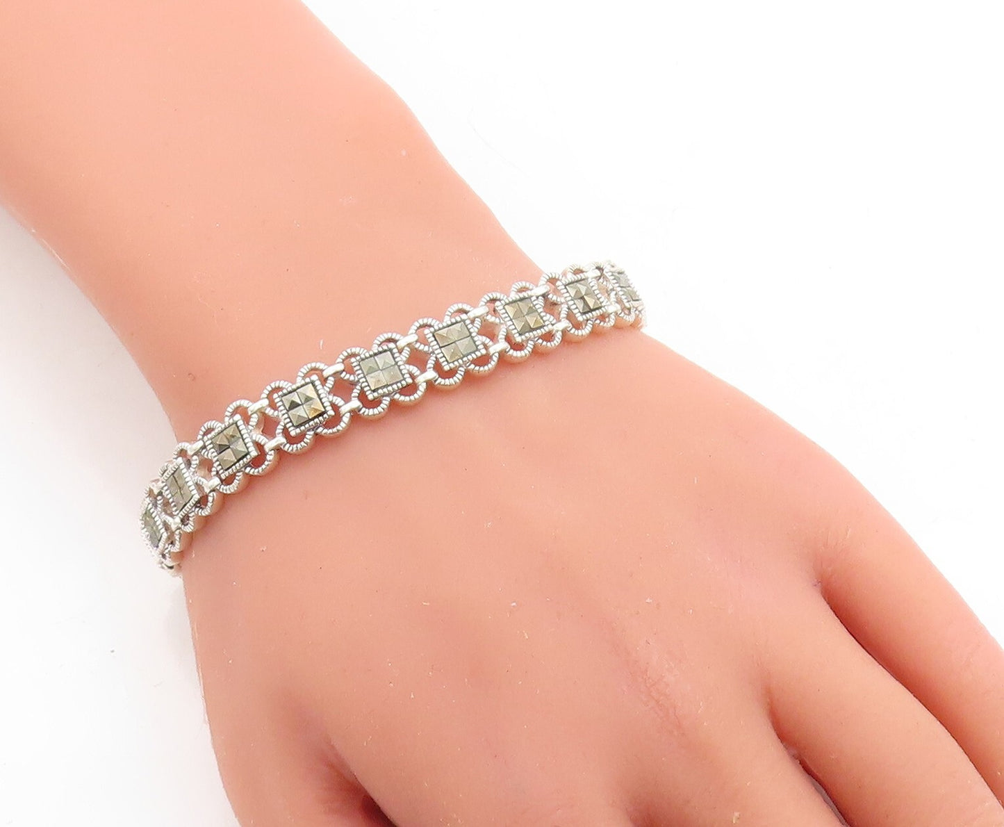 925 Sterling Silver  Marcasite Linked Floral Tennis Bracelet  BT1012