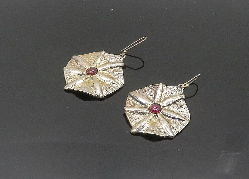 925 Sterling Silver  Vintage Garnet Modernist Floral Dangle Earrings  EG10144