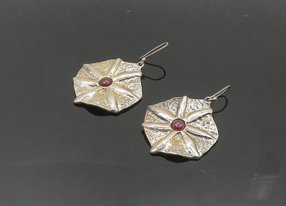 925 Sterling Silver  Vintage Garnet Modernist Floral Dangle Earrings  EG10144