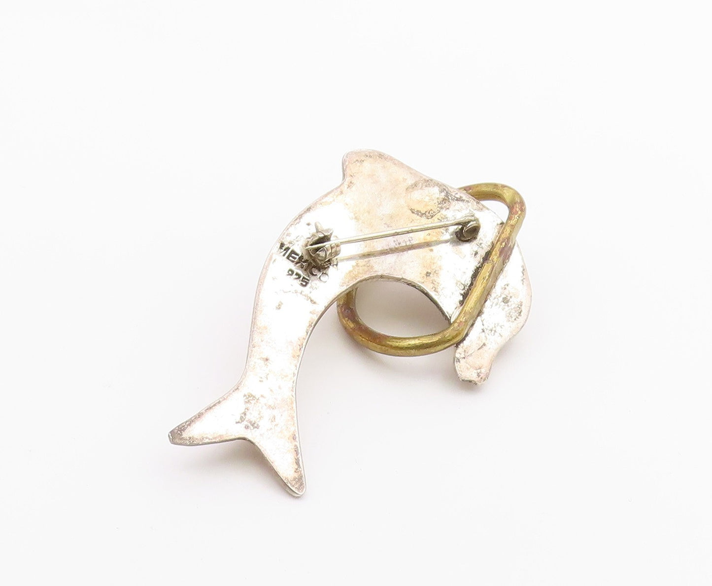 MEXICO 925 Sterling Silver  Vintage Leaping Dolphin 2 Tone Brooch Pin  BP6502