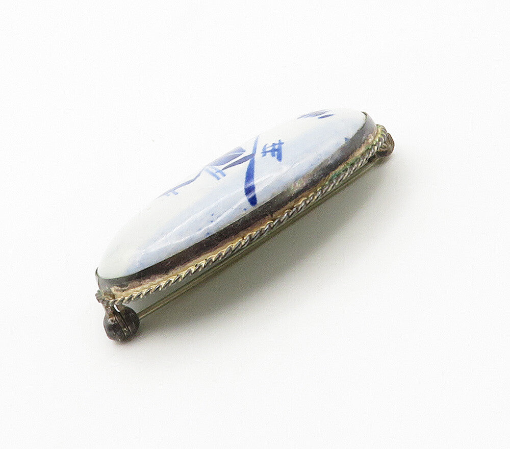 925 Sterling Silver  Vintage Enamel Windmill Scene Dome Brooch Pin  BP6104