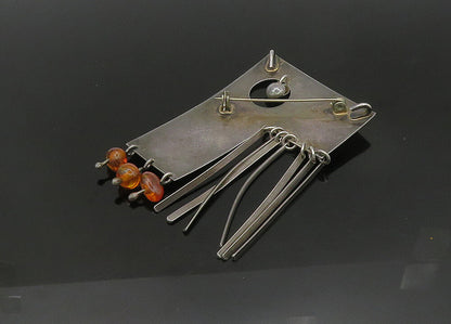 925 Sterling Silver  Vintage Modernist Dangling Amber Brooch Pin  BP8307