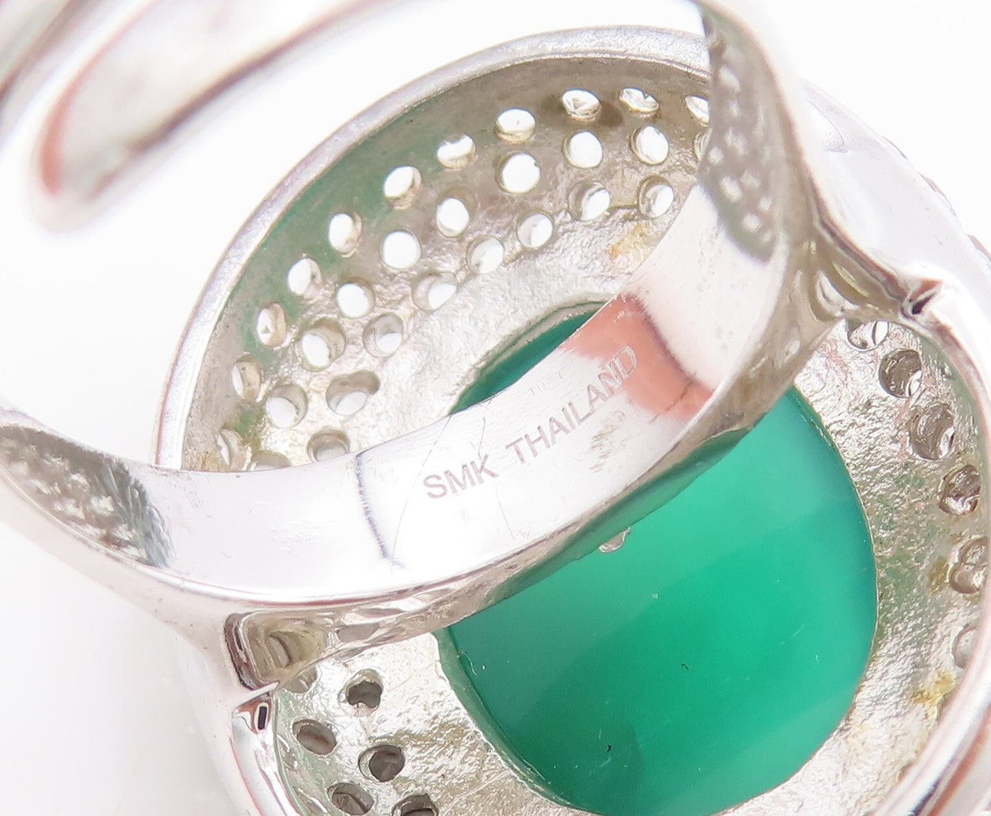 925 Sterling Silver Vintage Ring Oval Cabochon Green Onyx & Topaz  Sz 8  RG29297