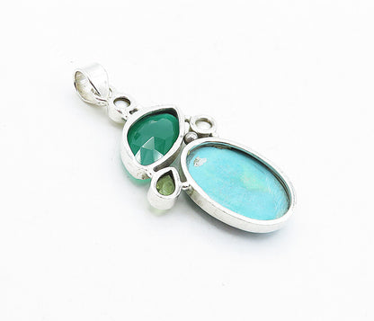925 Silver  Vintage Pearls Turquoise Peridot & Carnelian Drop Pendant  PT3371