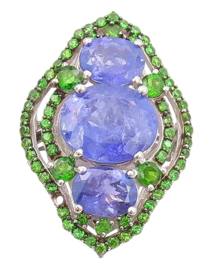 925 Sterling Silver Vintage Ring Tanzanite Halo Peridot Border  Sz 8.5  RG32521