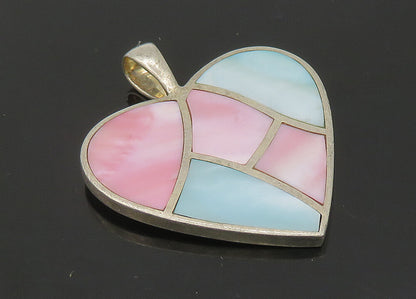 ESPO SIG 925 Silver  Vintage Pink & Blue Mother Of Pearl Heart Pendant PT16970