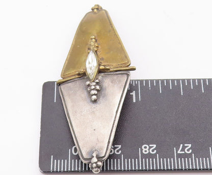 925 Sterling Silver Vintage Brooch Pin Two Tone Beaded Triangles Topaz  BP10925