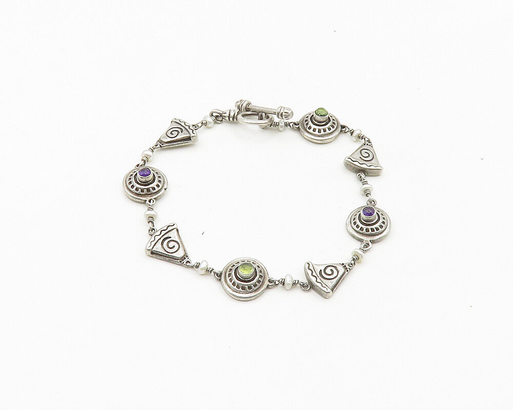 MWD 925 Silver  Vintage Peridot Amethyst & Petite Pearls Chain Bracelet BT7106