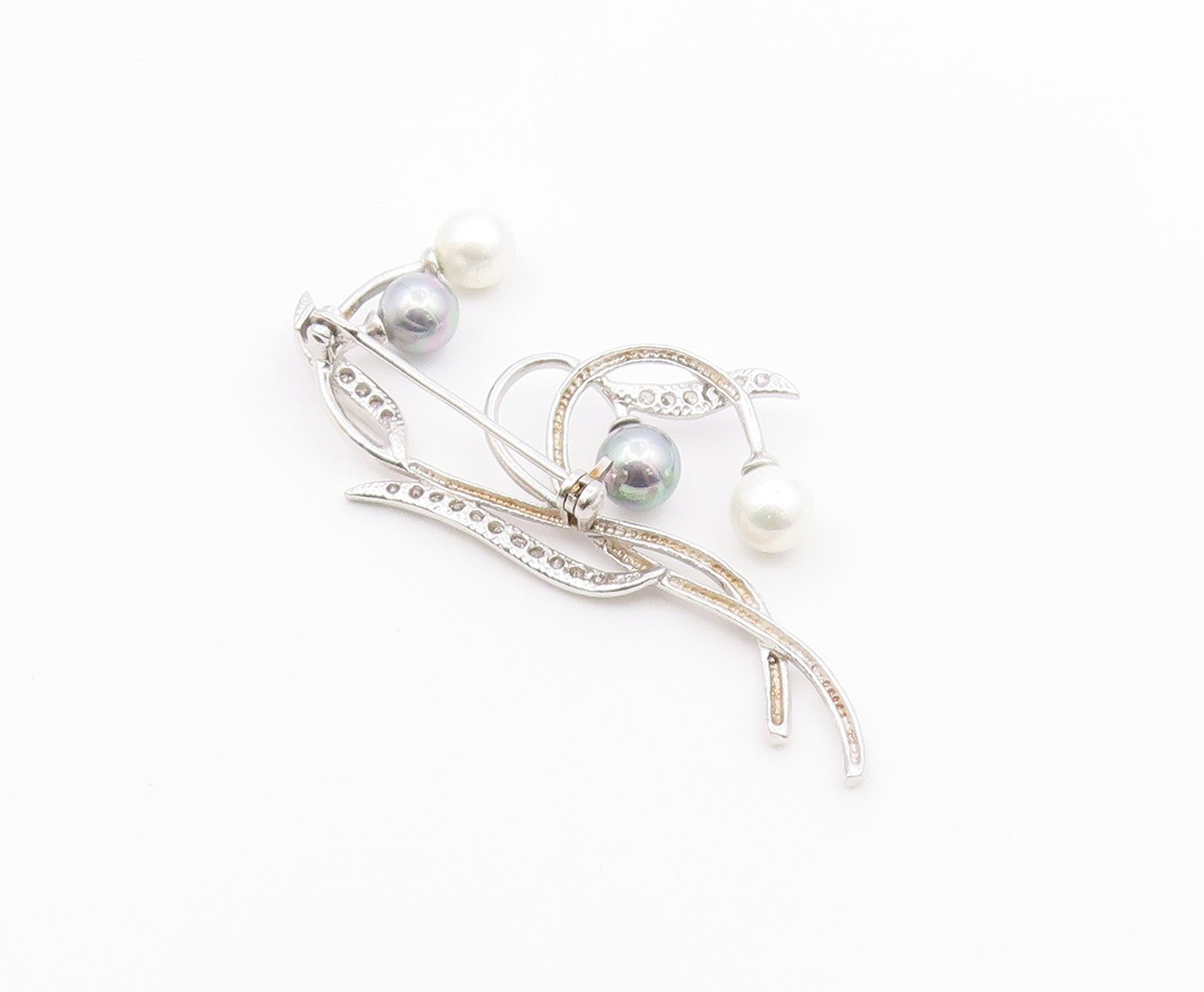 925 Silver  Vintage Blue & White Pearls & Topaz Floral Brooch Pin  BP8880