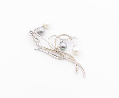 925 Silver  Vintage Blue & White Pearls & Topaz Floral Brooch Pin  BP8880