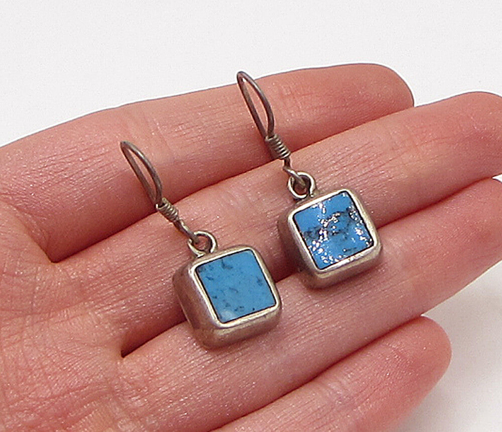MEXICO 925 Silver  Vintage Bezel Set Inlay Turquoise Drop Earrings  EG1964
