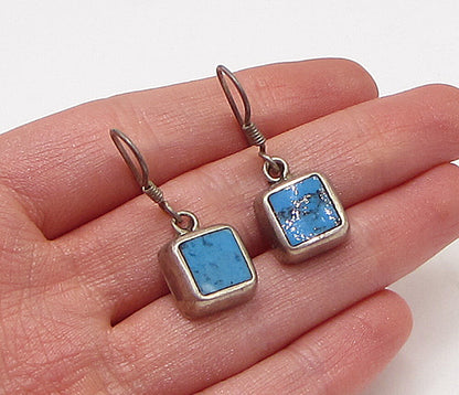 MEXICO 925 Silver  Vintage Bezel Set Inlay Turquoise Drop Earrings  EG1964