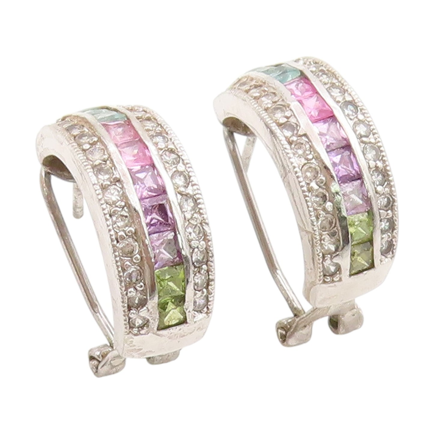 925 Sterling Silver Vintage Earrings Multi Gemstone Channel Set Hoops  EG13740
