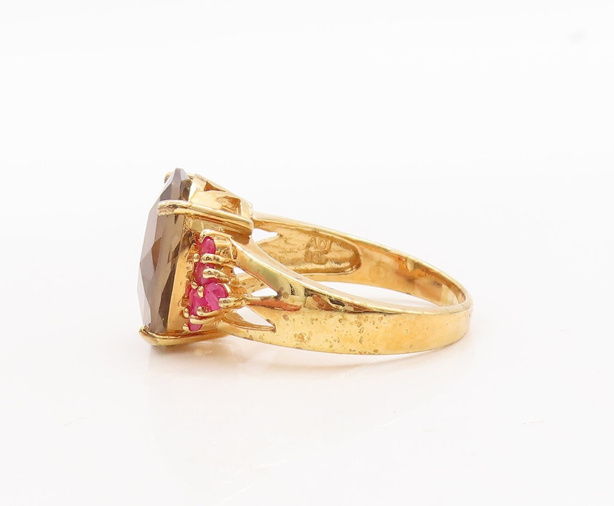 925 Sterling Silver Vintage Ring Gold Plated Smoky Quartz & Ruby  Sz 7  RG29770