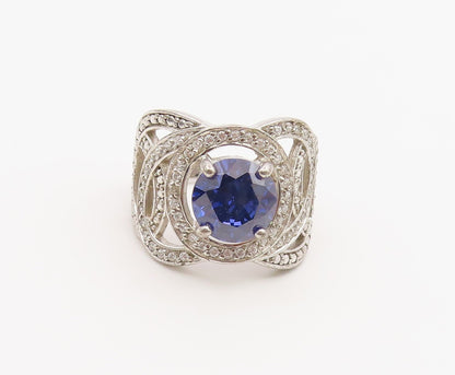 925 Sterling Silver Vintage Ring Tanzanite & CZ Double Loop Band Sz 9.5 RG36890