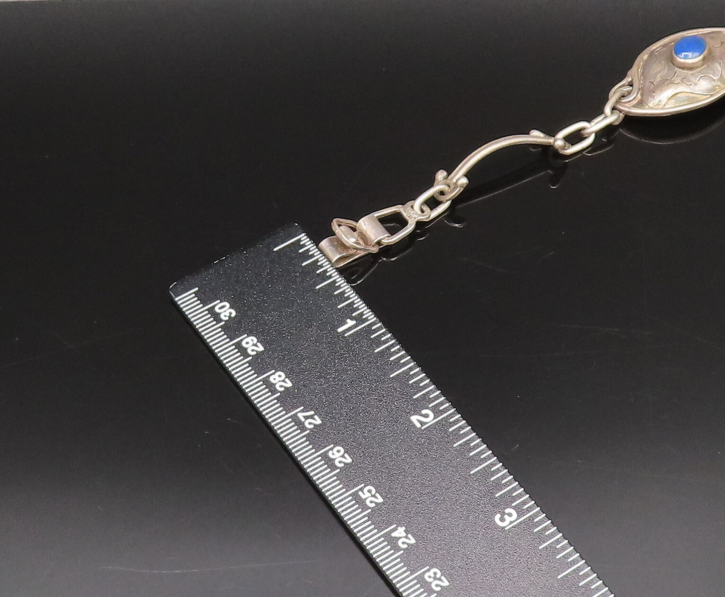 925 Silver  Vintage Etched Lines Lapis Lazuli Dome Chain Bracelet  BT9765