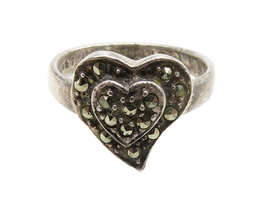 925 Sterling Silver  Vintage Marcasite Love Heart Band Ring Sz 6.5  RG13196