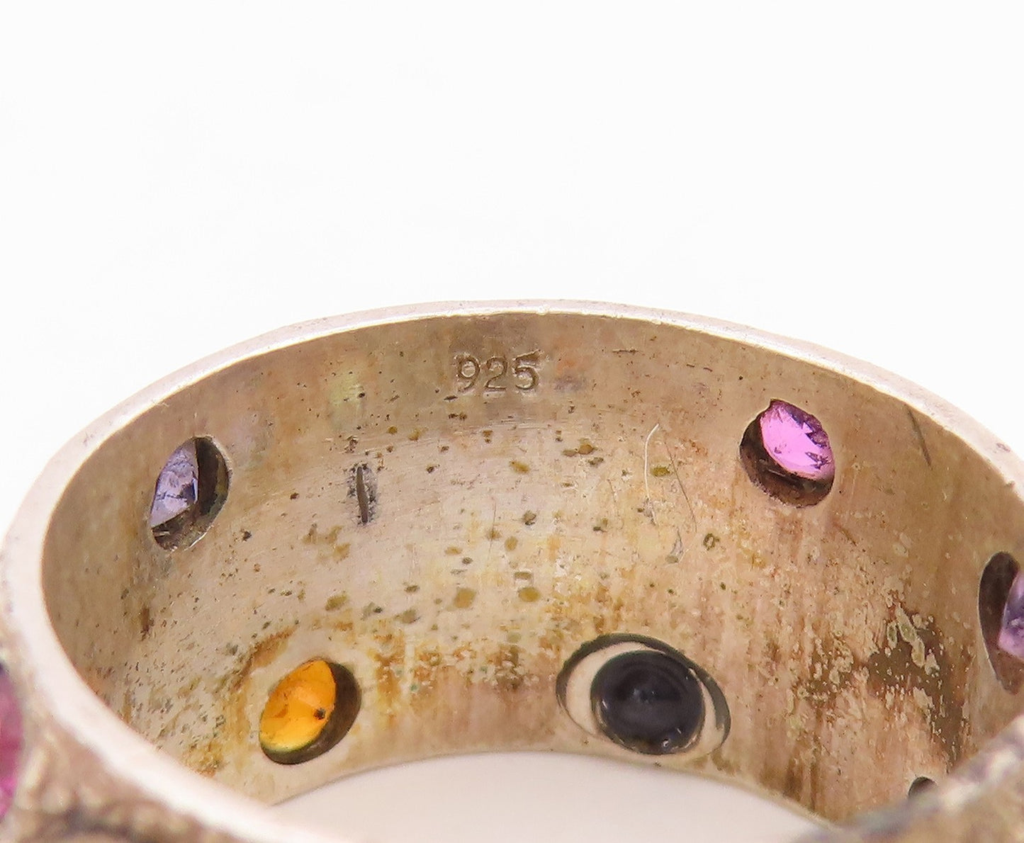 925 Sterling Silver Vintage Ring Multi Gemstone Swirly Scroll Band Sz 7 RG35728