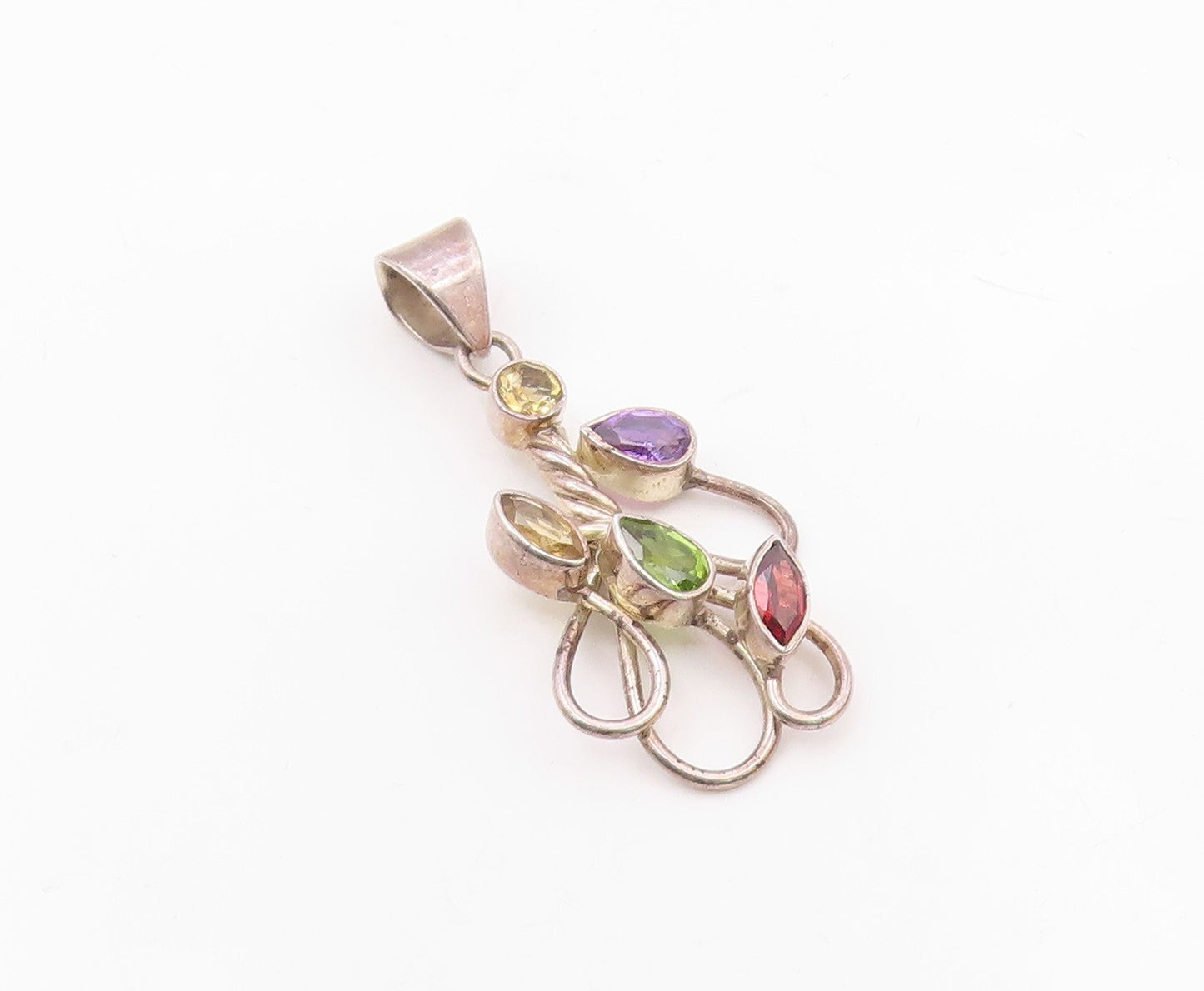 925 Silver  Vintage Garnet Amethyst Peridot & Citrine Floral Pendant  PT16608
