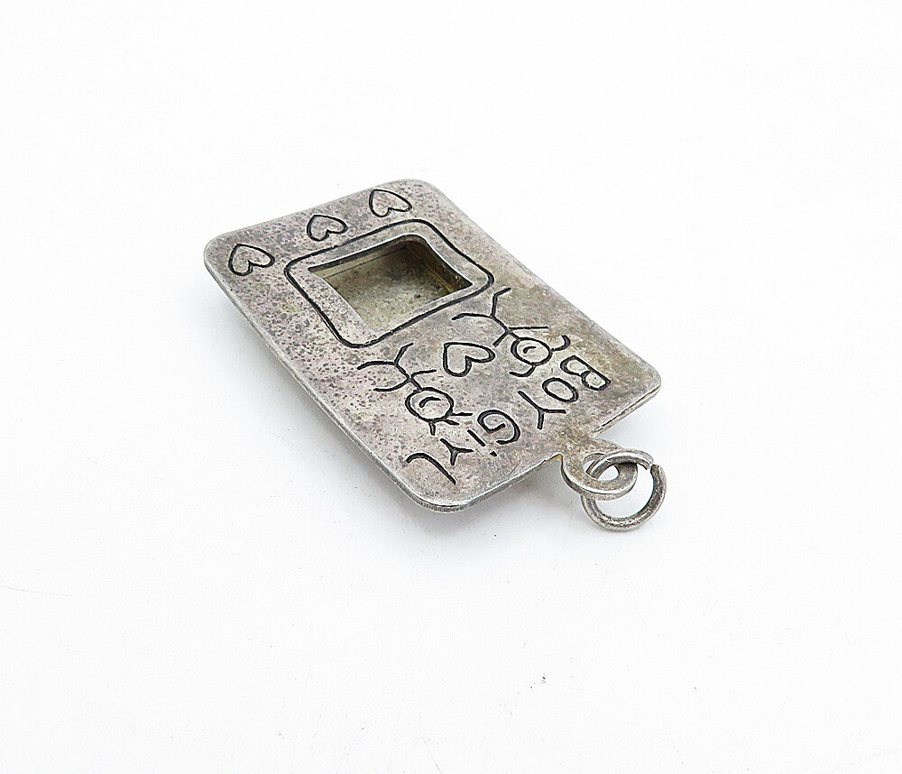 925 Sterling Silver  Vintage Dark Tone Boy Girl Picture Frame Pendant  PT3482