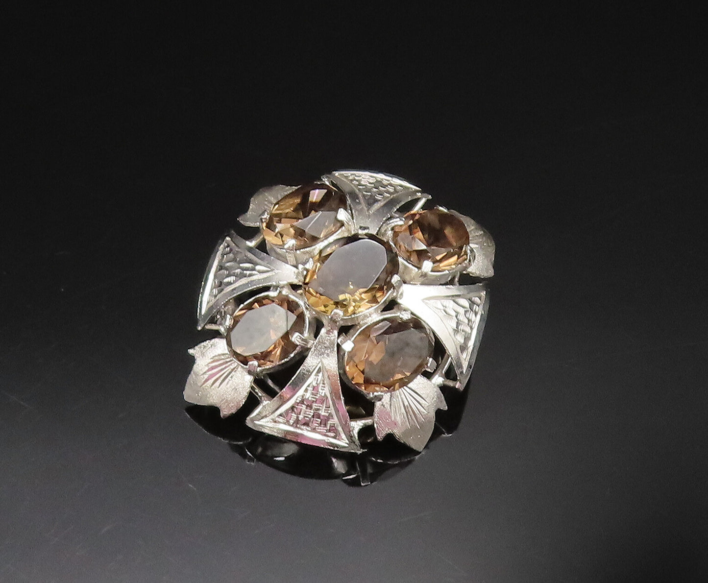 925 Sterling Silver  Vintage Smoky Quartz Leaf Fidget Dome Brooch Pin  BP9648