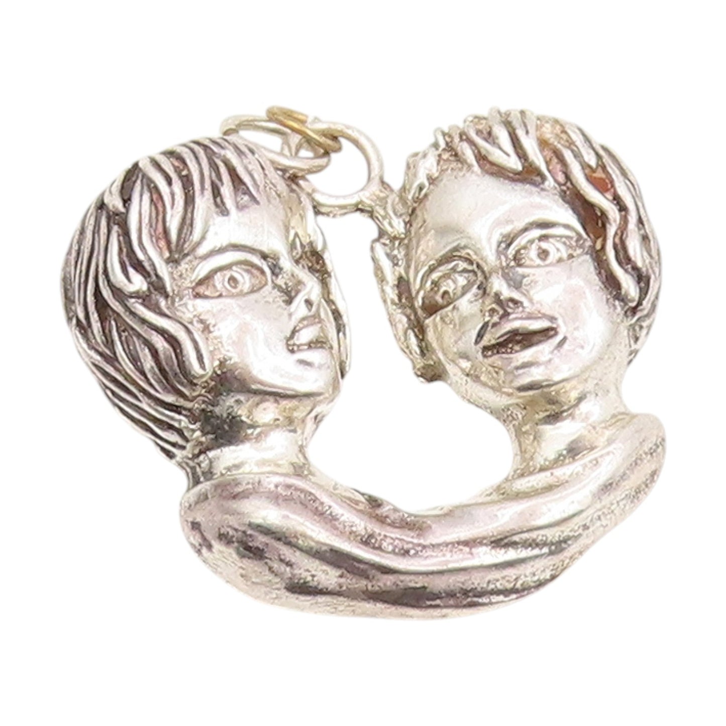 925 Sterling Silver Vintage Pendant Modernist Sculpted Twin Heads Charm  PT25347
