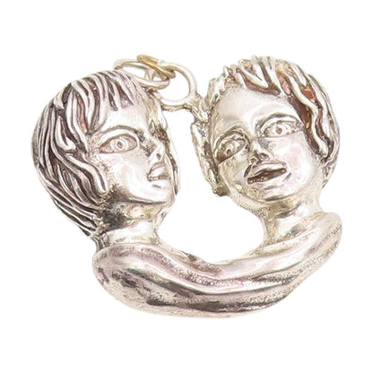 925 Sterling Silver Vintage Pendant Modernist Sculpted Twin Heads Charm  PT25347