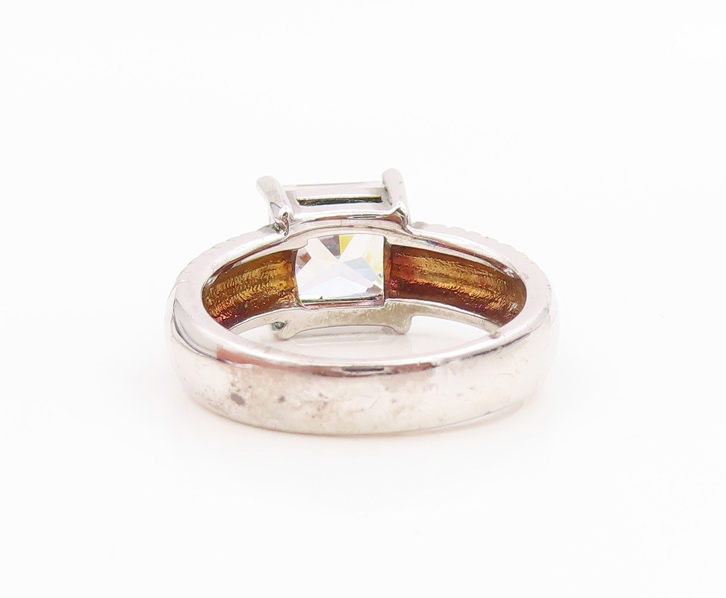 925 Sterling Silver Vintage Ring Square Cut CZ Ribbed Band  Sz 7.5  RG35630