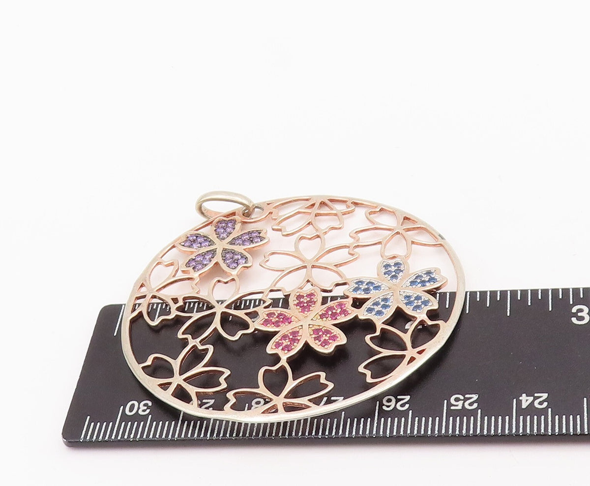 925 Sterling Silver Vintage Pendant Gold Plated Flowers Cutout Inlay CZ  PT23413