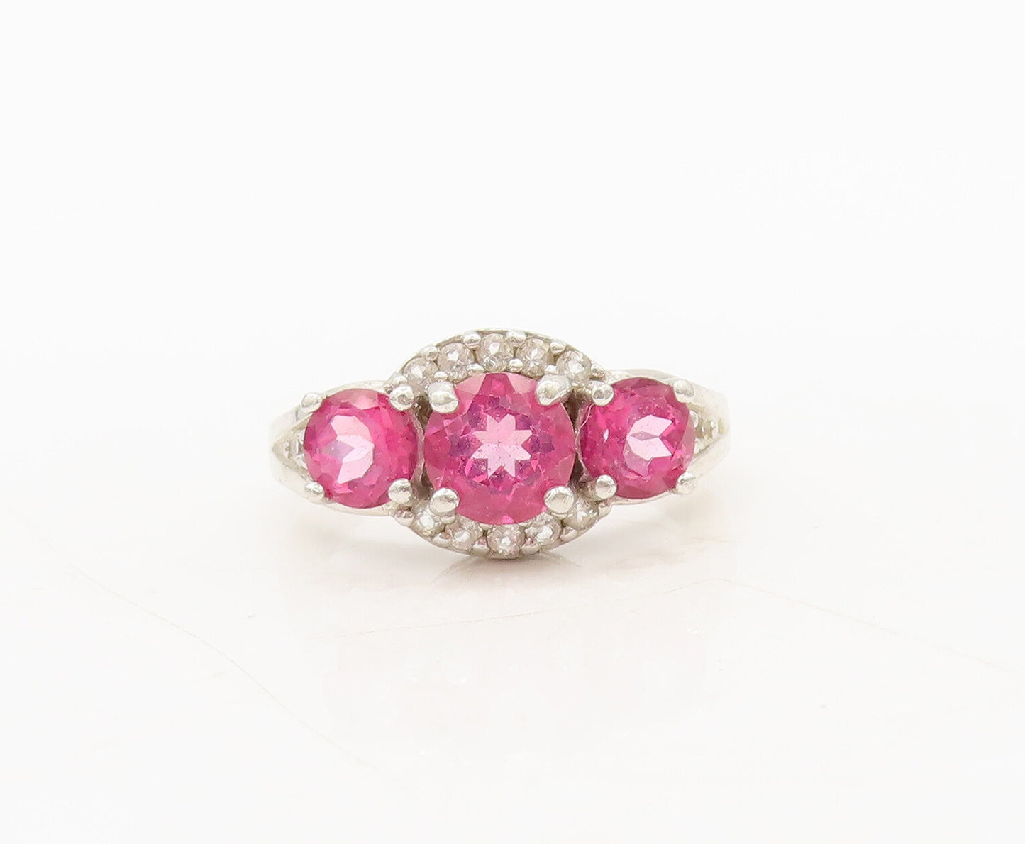 925 Silver Vintage Ring Carved Three Pinkesh Spinels Halo Topaz  Sz 7  RG27583