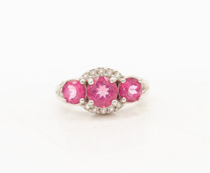 925 Silver Vintage Ring Carved Three Pinkesh Spinels Halo Topaz  Sz 7  RG27583