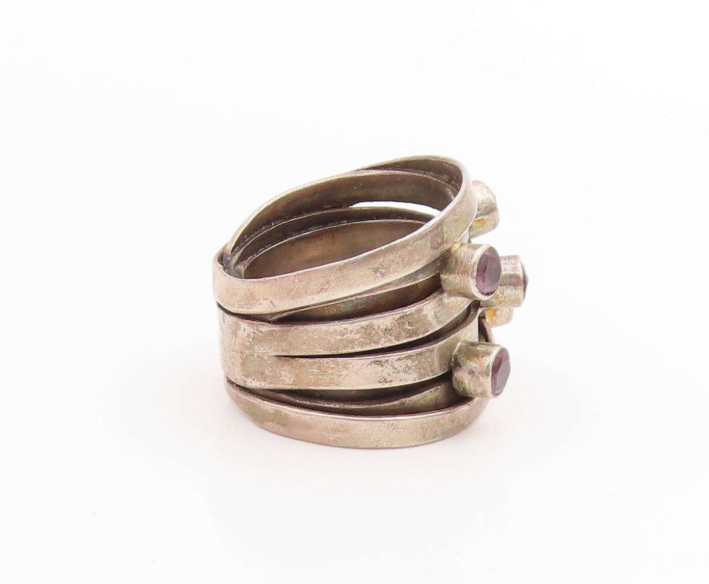 925 Sterling Silver Vintage Ring Amethyst Multi Row Stacking Band Sz 7.5 RG33803