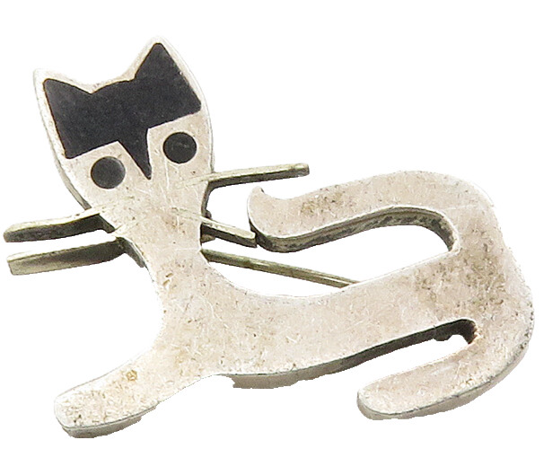 MEXICO 925 Silver  Vintage Inlaid Black Onyx Cat Motif Brooch Pin  BP6302