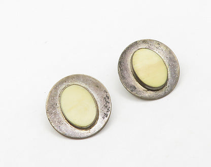 925 Sterling Silver  Vintage Unknown Stone Round Button Drop Earrings  EG8280
