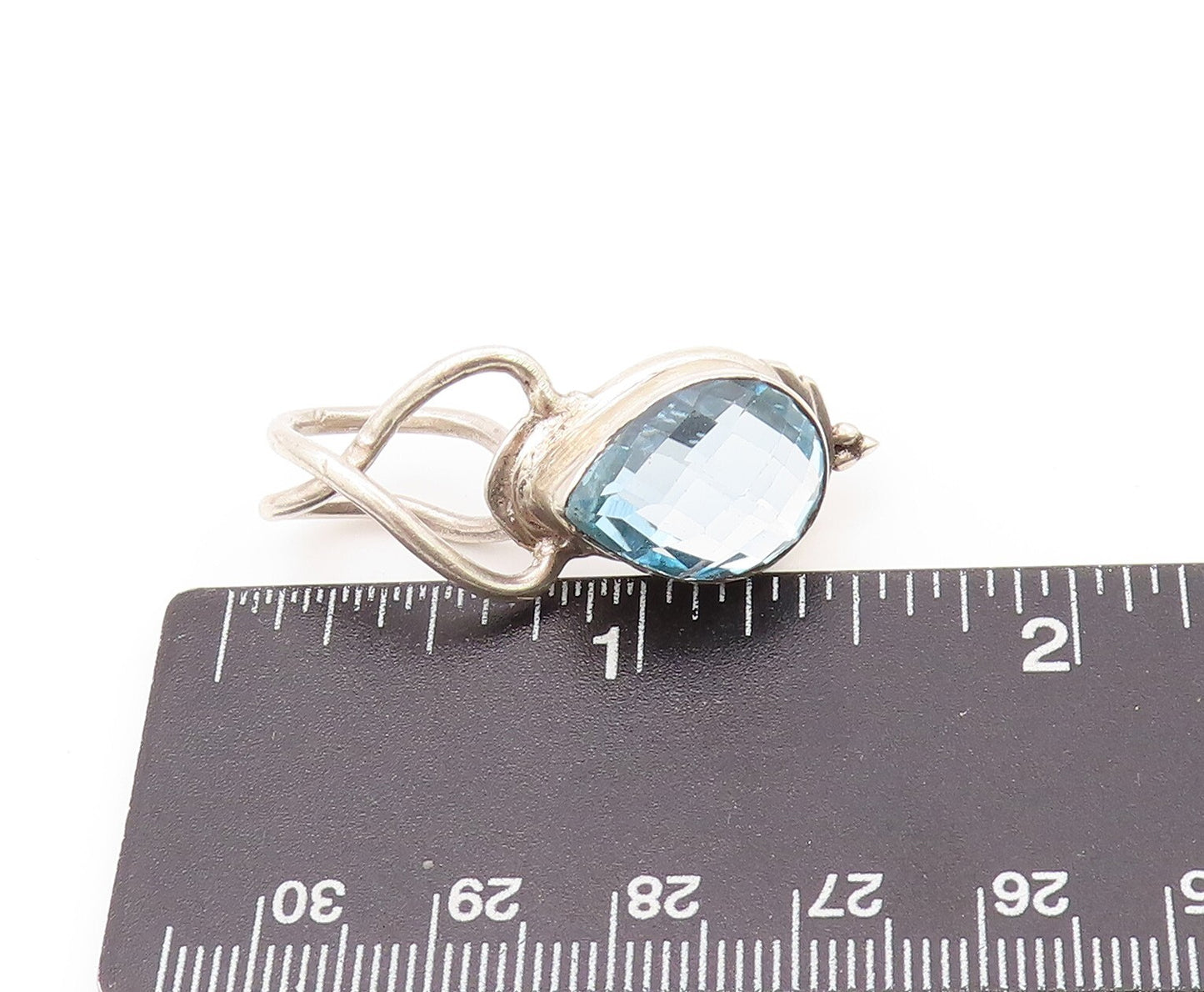925 Sterling Silver Vintage Pendant Modernist Drop Cut Blue Topaz  PT23959