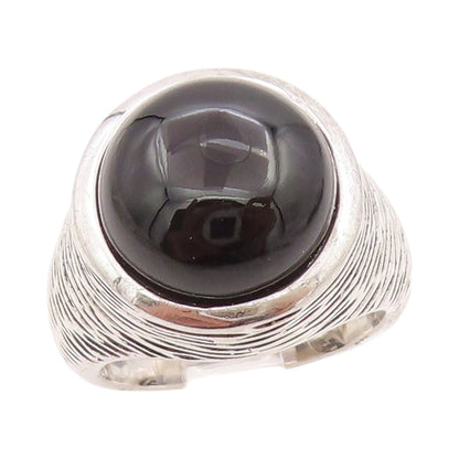 925 Sterling Silver Vintage Ring Grooved Cabochon Round Onyx  Sz 6.5  RG33178