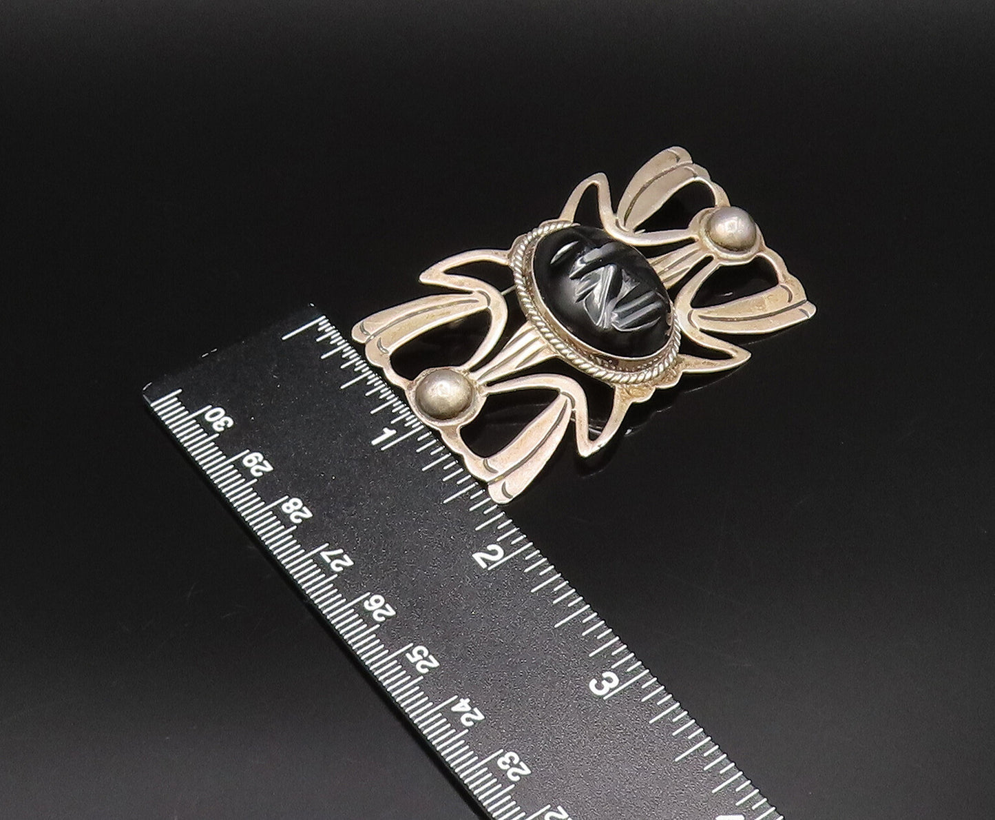 MEXICO 925 Silver  Vintage Carved Face Black Onyx Open Wings Brooch Pin BP9991