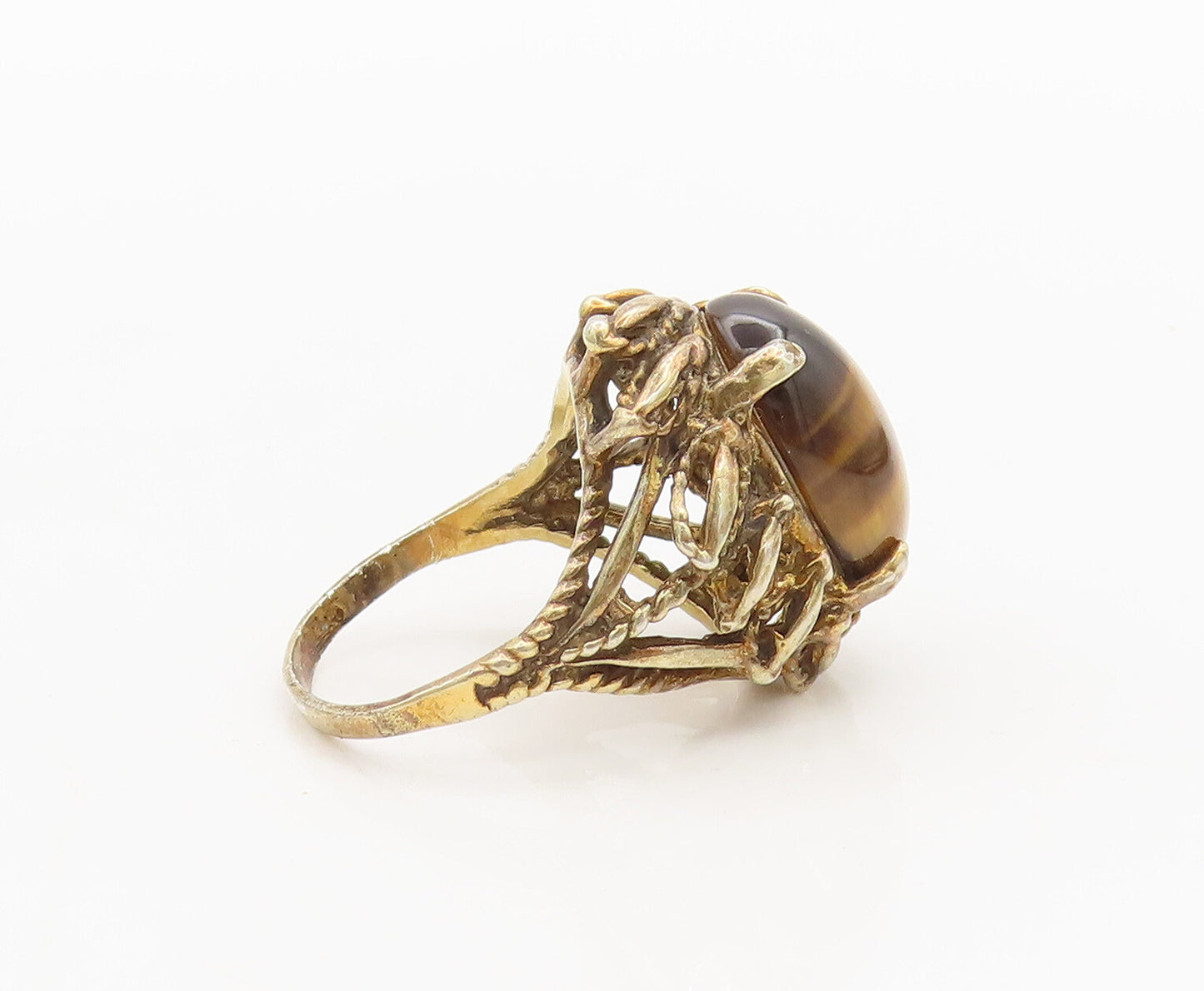925 Silver  Vintage Gold Plated Swirly Carved Tiger's Eye Ring Sz 9.5  RG27108