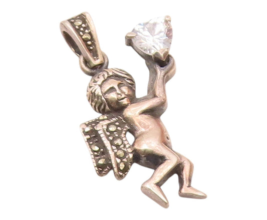 925 Sterling Silver  Vintage Cubic Zirconia & Marcasite Angel Pendant  PT19816