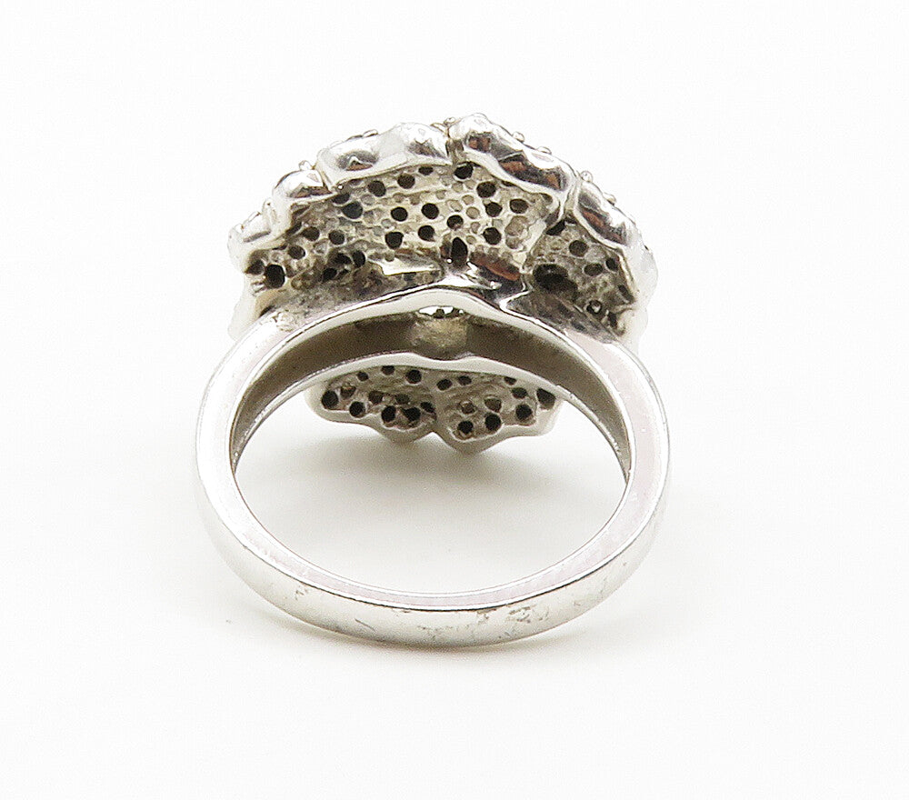 925 Silver  Cubic Zirconia & Hematite Flower Motif Cocktail Ring Sz 6  RG15123
