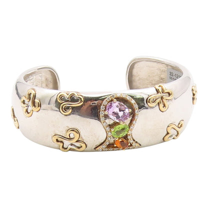 925 Silver & 14K GOLD  Vintage Genuine Diamonds & Citrine Cuff Bracelet BT8095