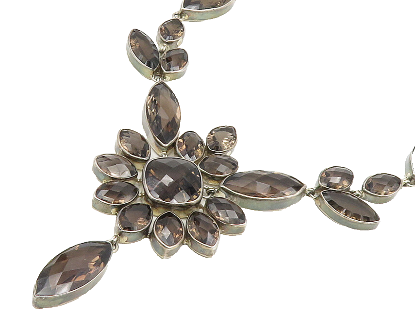 925 Sterling Silver  Vintage Smoky Topaz Floral Motif Chain Necklace  NE3169