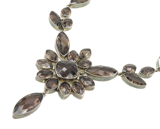 925 Sterling Silver  Vintage Smoky Topaz Floral Motif Chain Necklace  NE3169